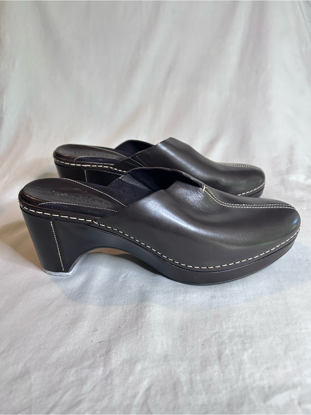Cole Haan Black Leather Platform Clog Mules with Contrast Stitching